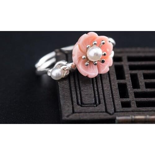 Real Freshwater Pearl Queen Shell Cherry Blossoms Open Rings For Women S925 Sterling Silver Chinese Style Female Jewelry