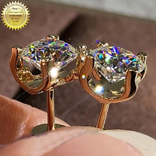 Au750 18K Gold Earrings 2 4 6 Carat Stud Earrings Women Wedding Round Moissanite Diamond