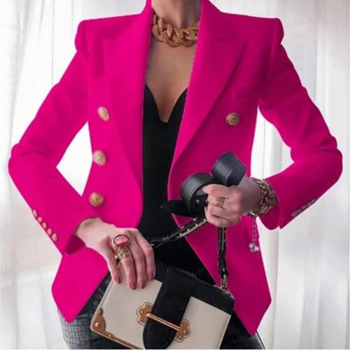 Elegant Blazer Women Office Ladies Gold Double Breasted Buttons Rose Pink Autumn Winter New Fashion Suits