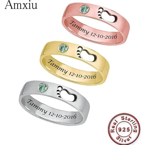 Amxiu Personalized 925 Sterling Silver Rings For Women Mother Gifts Custom Babys Name Birthday with Birthstone Ring DIY Jewelry