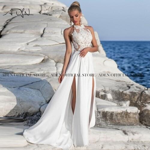 ADLN Halter Illusion Bodice Chiffon Wedding Dresses High Slit Bride Dress Backless Beaded Boho Beach Bridal Gown Custom Made