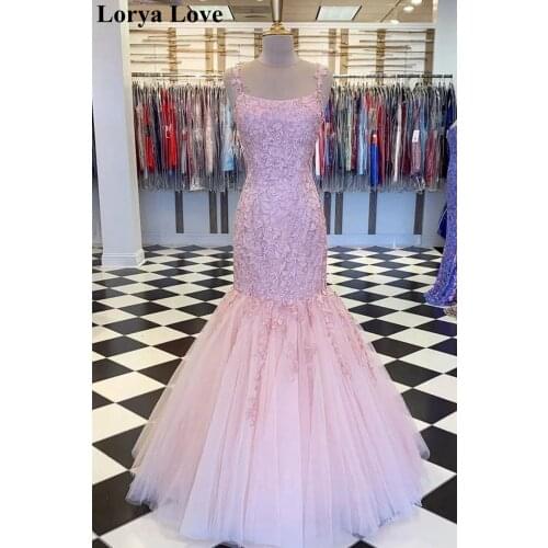 Elegant Mermaid Long Evening Dresses 2020 Women Formal Party Prom Gowns Vestidos De Noiva Pink Lace Appliques Robe De Soiree