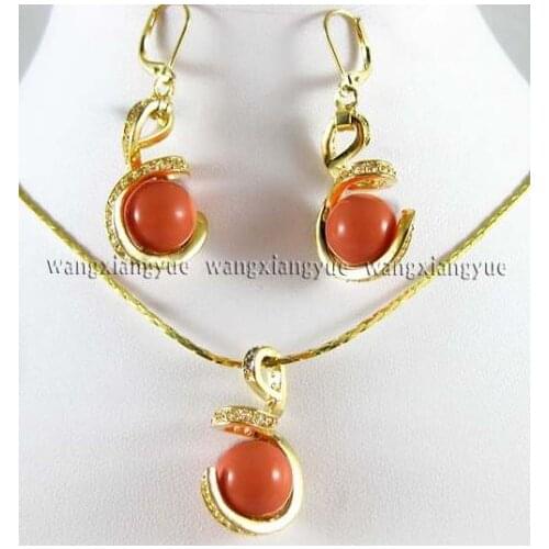 >>>>>12mm Orange South sea Shell Pearl Earrings & Necklace Pendant Set 18" 30% off