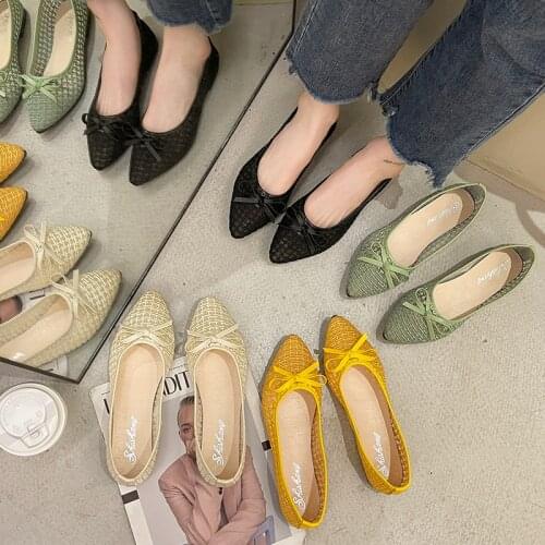 2021 Summer Women Flats Hollow Outs Boat Shoes Pointed Toe Slip on Flat Shoes Bowtie Ballet Flats Black Yellow Green Begie 9167L