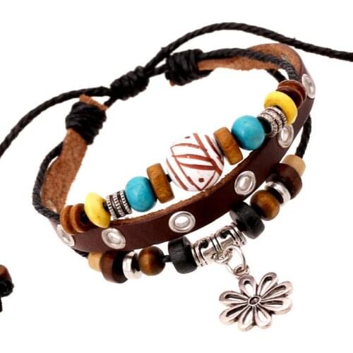 Fashion Vintage Retro Flower Charm Women Beads Bracelet Adjustable Leather Bangle Multilayer Hippie Wristbands Jewelry Girl Gift