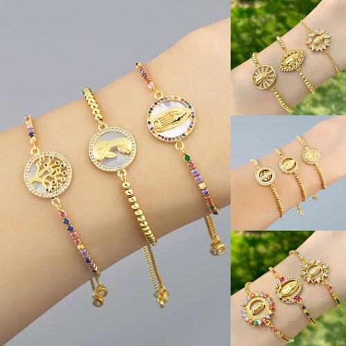 Rainbow Bling Pave Tiny Cz Shell Virgin Mary Tree For Life Bracelet For Woman Charm Gold Dainty Link Adjustable Bracelets 201