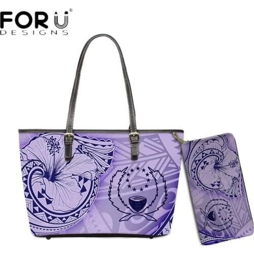 FORUDESIGNS Fashion Style Luxury Women Handbag And Purse 2pcs Set Pohnpei Polynesian Hibiscus Flower Print Lady Shoulder Bolsas