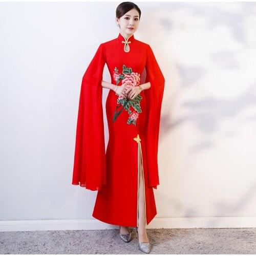 Red Embroidery Chinese Traditional Cheongsam Dress Elegant Bride Wedding Party Dresses Mermaid Sexy Long Qipao Plus Size 4XL 5XL