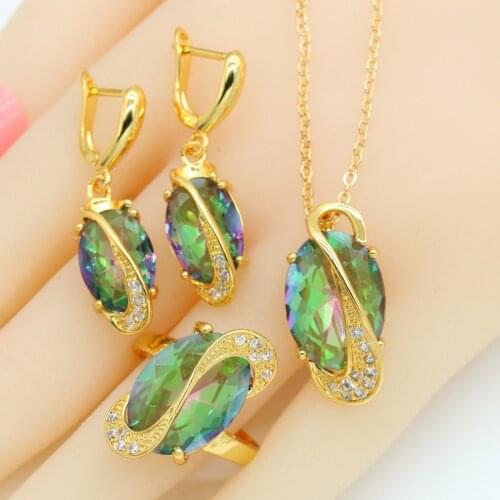 Classic Huge Rainbow Stones Gold Color Jewelry Set for Women Earrings Necklace Pendant Rings Gift Box
