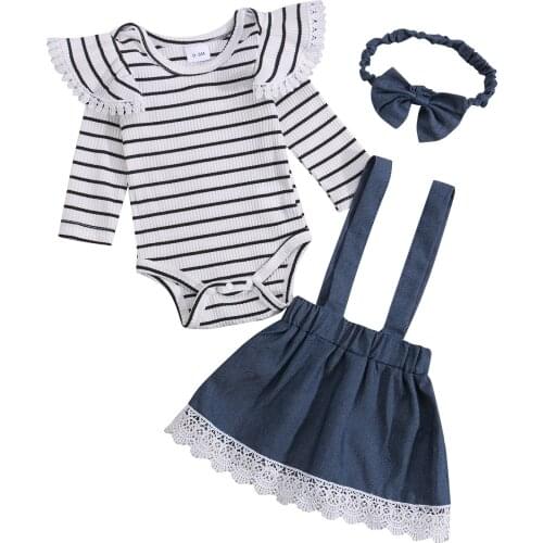 Baby Girl Stripe Printed Long Sleeve Romper Top Lace Hem Strap Skirt Headwear Autumn Cotton 3pcs Outfit Clothes Set