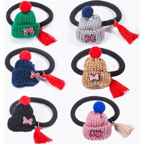 Lovely Woolen Hat 2 Patterns Fresh Colors Gum for Winter Elastic Hair Bands Ponytail Holder Kids Women Hairwear