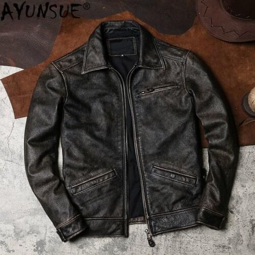 AYUNSUE Vintage 100% Real Cow Leather Jacket Men Spring Autumn Motorcycle Jacket Mens Genuine Leather Coat 2020 W-1930 KJ4973