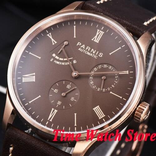 Parnis mens watch 42mm rose golden case DATE Power reserve coffee dial 5ATM ST1780 Automatic movement wrist watch men 945