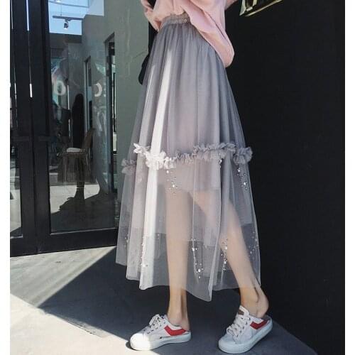 Yarn Women Skirt 2020 Summer Beaded A- Line Dress Mid-length Mesh Skirt Female Super Fairy Skirt