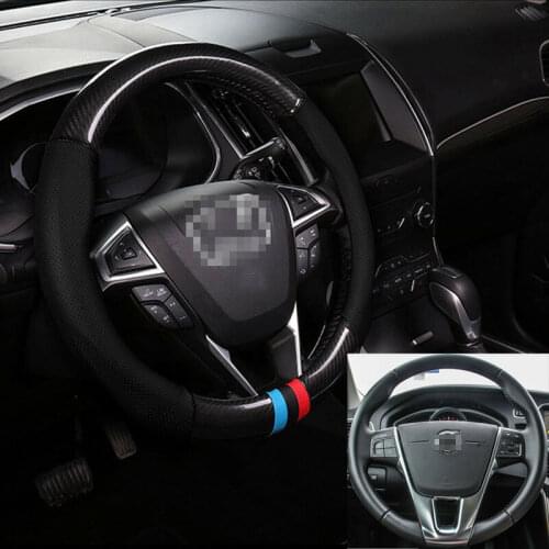 Universal Size M Car Steering Wheel Cover Carbon Fiber Black Leather For Volvo
