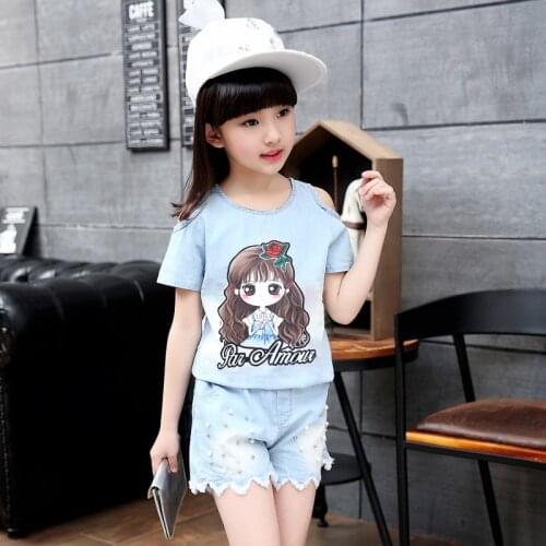 Foreign Trade Girls Summer Denim Clothing Set 2020 New Childrens Short Sleeve Sports Suit Kids Tees + Beading Shorts 2 Pcs X27
