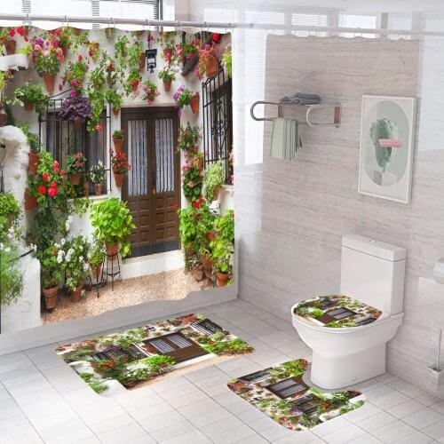Flowers Scenery Waterproof Shower Curtains Rural Street Flowers Bathroom Curtains Polyester Fabric Washable Decor Bath Curtains