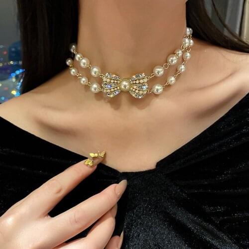 Fashion Jewelry Elegant White Pearl Necklace Elegant Sexy Female Bowknot Prom Party Necklace