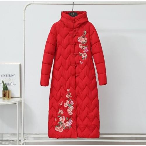 2021 Women Winter Jacket Fashion Hooded Cotton Clothes With Embroidery Parka Plus Size Stand Collar Single Breasted Thick Coat
