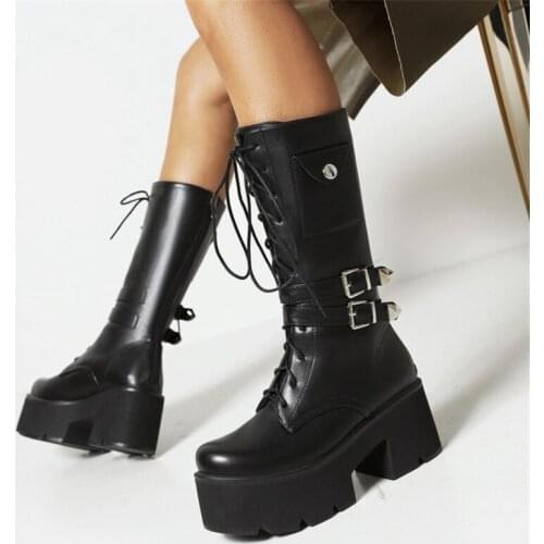 PXELENA 35-44 Women Combat Mid Calf Boots with Bag Buckle Chunky Block Platform High Heels Motorcycle Biker Boots Winter Shoes