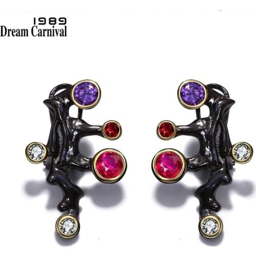DreamCarnival 1989 Gothic Design Long Stud Earrings Women Purple Red CZ Stone Vintage Black Color Mujeres Pendientes Brincos E07
