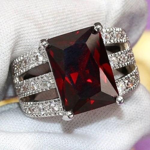 Women Vintage Red Rhinestone Square Rings Wedding Engagement Finger Ring Men Fashion Jewelry Valentines Day Gift Big Promotion