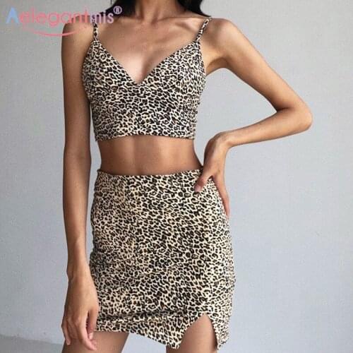 Aelegantmis Leopard 2 Piece Set Skirts Women Sexy Cropped Tops High Waist Mini Bodycon Skirt Backless V Neck Streetwear Suit 90s