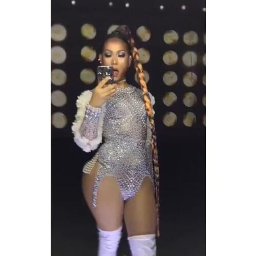 Women New Singer Bar Concert Costume Silver Sparkly Rhinestones Pearls Petal Sleeve Sexy Bodysuit Luxurious Stage Dance Clothes