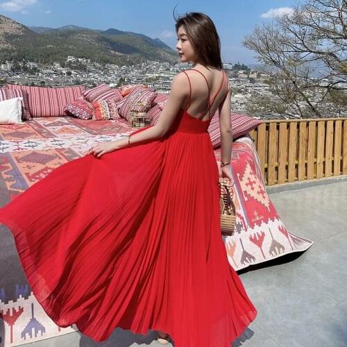 Red Beach A-Line Vestidos Summer New 2021 Elegant Sexy Women Backless Spaghetti Strap Slim Sleeveless Vacation Casual Dress