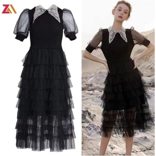 ZALady fashion casual elegant knitting black midi dresses for women short sleeve mesh ruffles chic summer party dress vestidos