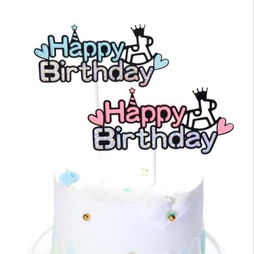 1PC Pink Blue Glitter Happy Birthday Letters Cake Toppers Rocking Horse Cupcake Toppers DIY Birthday Cake Decoration Supplies