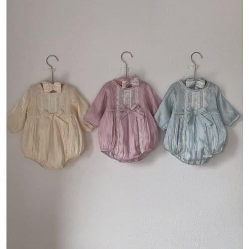 2020 Autumn Newborn Baby Girls Princess Bodysuits Lace Bowknot Headband Korean Style Infants Birthday Party Jumpsuits