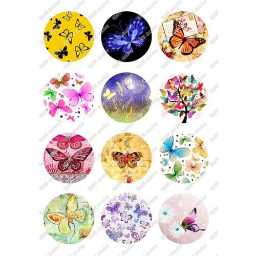 24pcs/lot Cartoon Butterfly Round Glass Cabochon Demo Flat Back for Hand Made Bracelets Jewelry Findings 10mm 25mm Cabochon T098