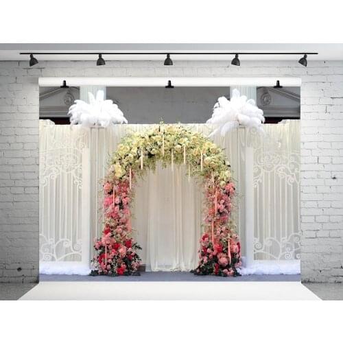 5x7FT VinylBDS Wedding Photography Backgrounds White Feather Arch Door Backdrops Colored Flower Hand Painted Backgrounds Studio