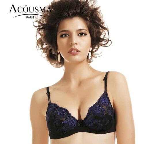 ACOUSMA Women Bowknot Floral Lace Embroidery Transparent Bra 3/4 Cup Push Up Brassiere Sexy Female Underwear Lady Lingerie Black