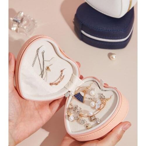 Jewelry Organizer Display Travel Jewelry Case Boxes Portable Heart-shape Jewelry Box Zipper Leather Earring Storage Organizer