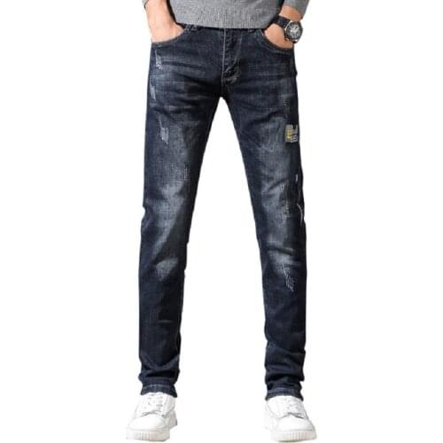 Jeans Men Spring Autumn Slim Straight Regular Vintage Fit Gray Blue Stretch Embroidered Letters High Street Brand Mens Trousers