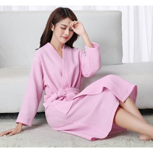 Solid Waffle Robe 100% Cotton Long Robe Women Soft Bath Robe Ladies Casual Nightrobe highly absorbent Sleepwear Loose Homewear