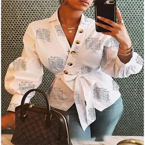 Hirigin Autumn Women Casual Blouse Letter Printed Button Sexy V Neck Shirt Long Sleeve Loose Bandage Tops Clothes