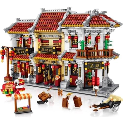 Mini DIY Assemble Building Blocks Street View Chinatown Chinese Traditional House Model Kit Figures Bricks Toy for Children