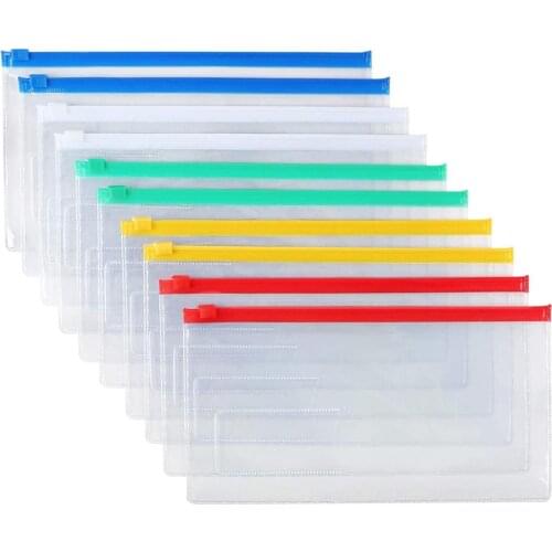 5PCS Plastic Envelopes Poly Clear Zip Envelopes Organizers Bags Zipper File Folders, A4 Size 5 Colors for School Office