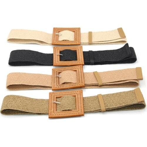 Summer Elastic Imitate Woven Straw Waist Belts Square Buckle Adjustable Woven-straw Waistband Bohemian Beach Dress Belts Hot