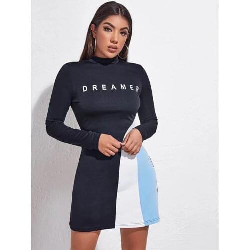 Women Mini Dresses 2021 Letter Print O-Neck High Waist Elastic Bodycon платье Female Streetwear Outfits Long Sleeve Sports Dress