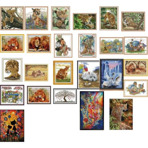 Animal World Cross Stitch Kit White Canvas Cross Stitch Tiger Lion Elephant Animal Embroidery DIY Manual Needlework