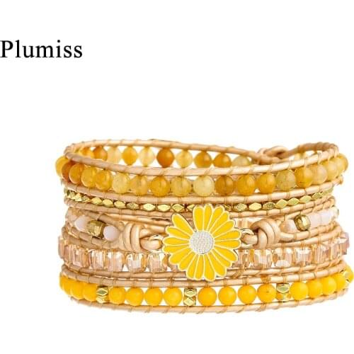 Plumiss Yellow Little Daisy Wrap Bracelet for Women Charm Flower Boho Citrines November Birthstone Beads Bracelet Chakra Healing