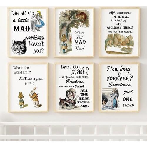 Bookish Gifts Canvas Poster Alice in Wonderland Quote Art Prints Nursery Wall Painting Cheshire Cat Pictures For Kid Room Decor