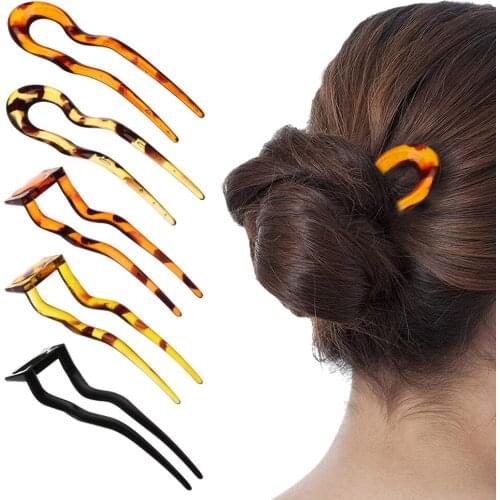 U Shaped Hairpin French Style Vintage Metallic Hair Sticks Acetate Curved Fork Sticks Pins For Women Hair Styling Accessories