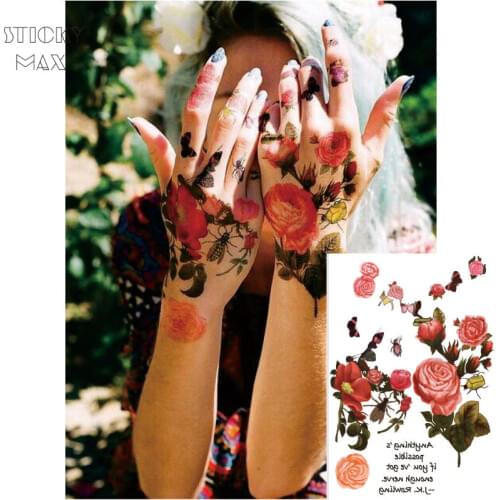 W06 1 Piece Nature Pink Red Rose and Camellia Flower Henna Tattoo with Bees, J.K. Rowling Quote Design Body Paint Tattoos