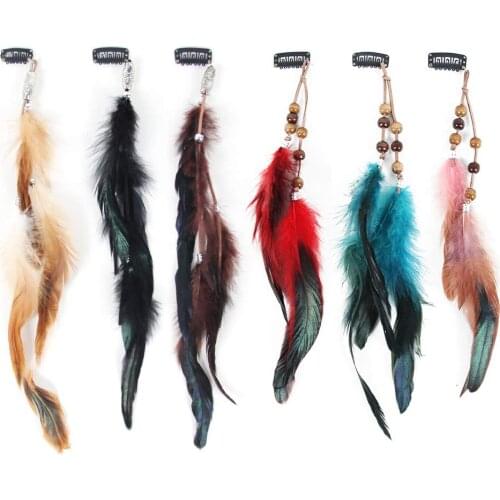 Hair Feather Clip Extensions Handmade Hippie Hair Extension Tribal Feather Braided Beads Headdress DIY Accessories for Women