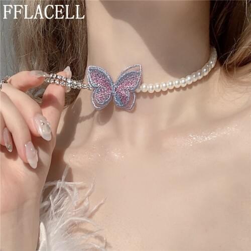 Korean New Fashion Double layer Embroidery Purple Butterfly Imitation Pearls Crystal Clavicle Chain Choker Necklace for Women